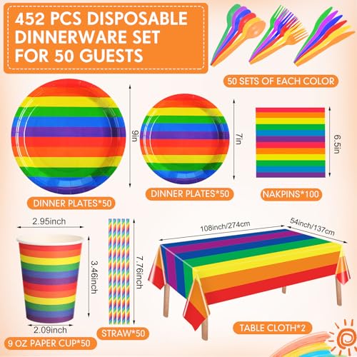 Image of Funnymoom 452 Pcs 50 Guests Pride Party Supplies Decoration, Rainbow Pride Paper Plates Napkins Cups Tablecloth Cutlery Straws Gay Lgbt Disposable Tableware Sets for Rainbow Birthday Table Decoration