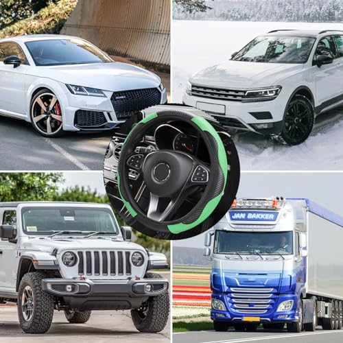 Image of Osilly Car Steering Wheel Cover, 15 inch Carbon Fiber Microfiber PU Leather Elastic Steering Wheel Protector for Men Women, Anti-Slip Breathable Car Interior Accessories for Most Cars (Green)