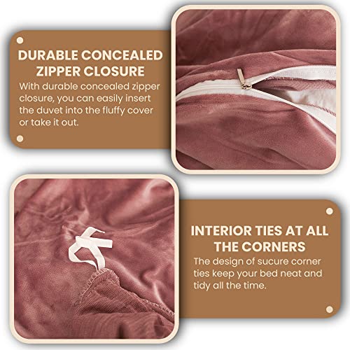 Mego Luxury Shaggy Plush Duvet Cover Set, Soft 3 Pieces Fluffy Faux Fur Comforter Cover Set, Fuzzy Velvet Bedding Set Queen Size(1 Furry Duvet Cover + 2 Pillow Cases), Zipper Closure(Queen, Old Pink) #TOP5