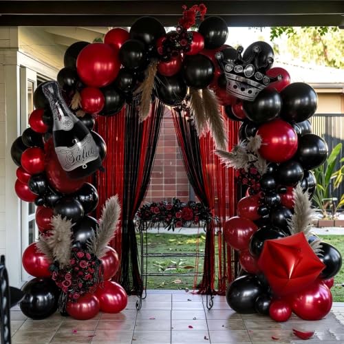 Image of Red Black Party Balloon Kit 2pack Foil Fringe Curtains,Square Foil Wine Bottle Crown Balloons Doubled Burgundy Black Balloon Arch for Birthday Bachelorette Gothic Vampire Celebration Wine Party Decor