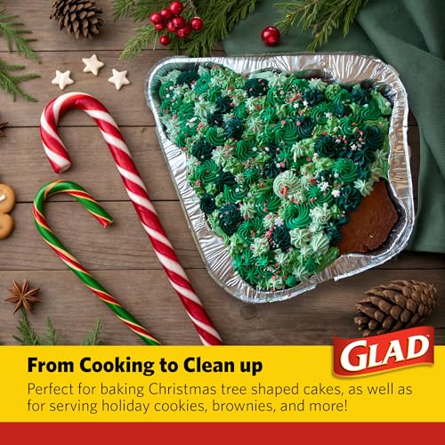 Image of Glad Holiday Christmas Tree Aluminum Bake Pans, Disposable Foil Pans with Red and White Snowflake Print, Oven Safe for Cakes, Cookies, Brownies, Christmas Tree Shaped, 14 x 11.5 x 2.5 in, 2 Count