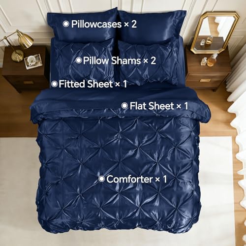 Image of BEDELITE Satin Comforter Set King Size, 7 Pieces Pintuck Bed in A Bag with Comforter, Flat Sheet, Fitted Sheet, Pillowcases, Shams, Soft Cozy Similar to Silk Bed Set for All Seasons (Navy)