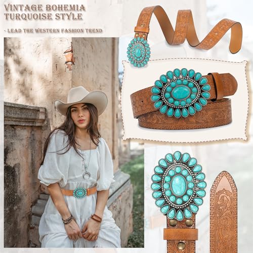 Women Men Country Western Turquoise Belts, Embossed PU Leather Retro Cowgirl Belts for Jeans Dresses Pants2