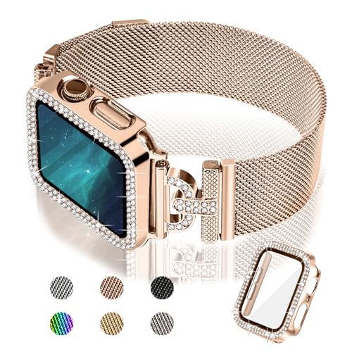 JOYOZY Magnetic Band Compatible with Apple Watch Band 38mm 40mm 41mm 42mm 44mm 45mm 46mm Milanese Strap with Bling Glitter Case Built-in Screen Protector Dressy Stainless Steel iWatch Loop for Women