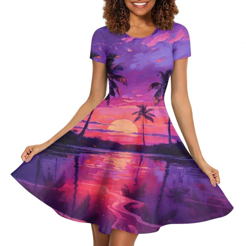 Image of Irisjudy T Shirt Dress for Women Short Sleeve Girls Short Sleeve Dress Plus Size, O Neck Knee Length Midi Dress for Ladies