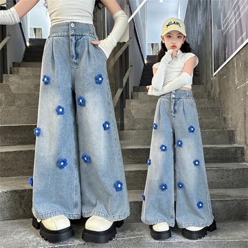 Girls 3D Flower Pattern Wide Leg Jeans Retro Loose 𝗬2𝗞 Elastic High Waist Denim Pants Casual Trendy Trousers2
