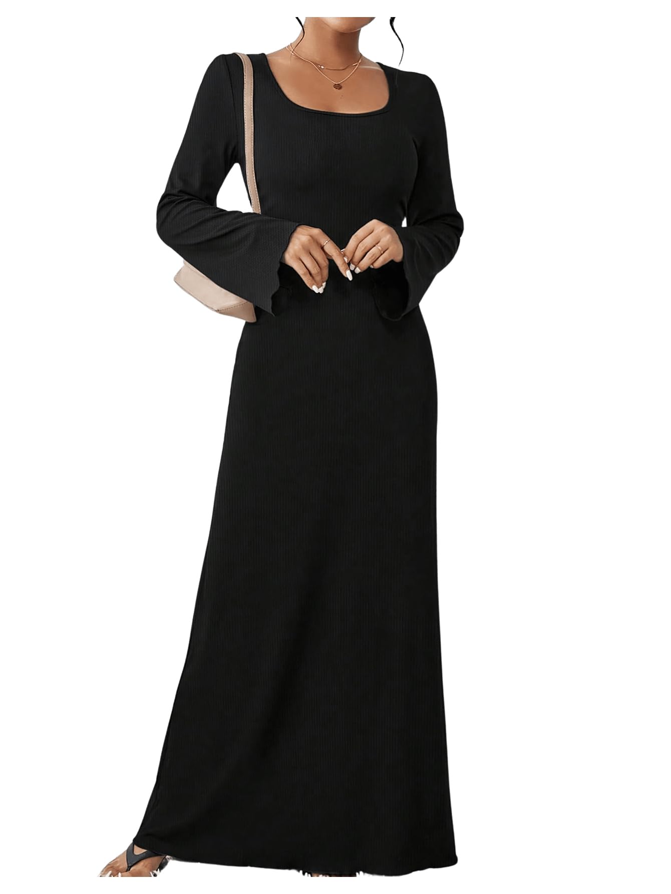 SweatyRocks Elegancka damska sukienka maxi, dekolt w kształcie litery A, sukienka ze sznurowaniem z tyłu, długi rękaw, sukienka na czas wolny
