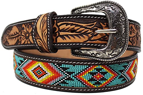 Men Women 1.5" Western Floral Tooled Beaded Full-Grain Leather Belt 26RT42B2