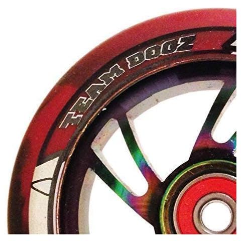 Team Dogz Pair Rainbow Neochrome Alloy Core 100mm Stunt Scooter Wheel With Mixed PU and ABEC11 Bearings (Nebula Rainbow Core, Black/Red PU) Cover