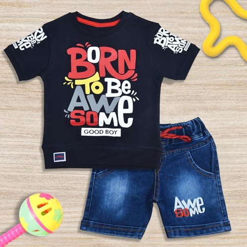 Image of Fancy Kids Pure Cotton T-Shirt And Denim Jeans Shorts Set For Boys