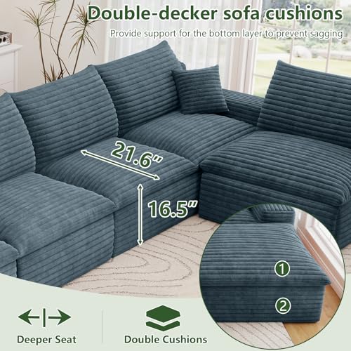 Image of 165 inch Cloud Couch Modular Sectional Sofa for Living Room, U-Shape Boneless Couch with Deep Seat, Modern Corduroy 7-Seater, No Assembly Required,Blue