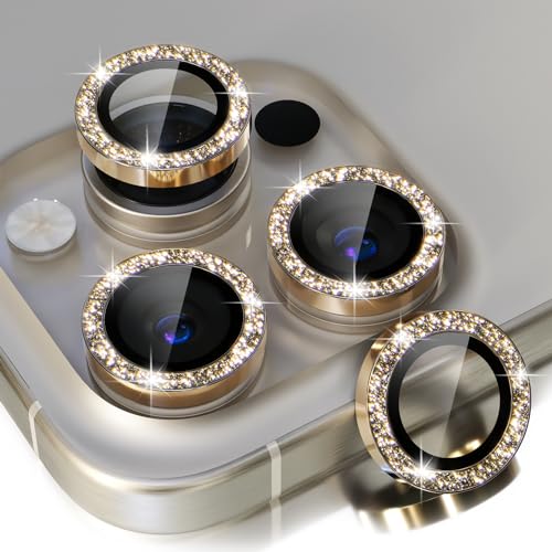 Image of Choiche Compatible for iPhone 15 Pro /iPhone 15 Pro Max Camera Lens Protector Bling, 9H Tempered Glass Camera Cover Screen Protector Metal Ring Decoration Accessories (Glitter-Gold)