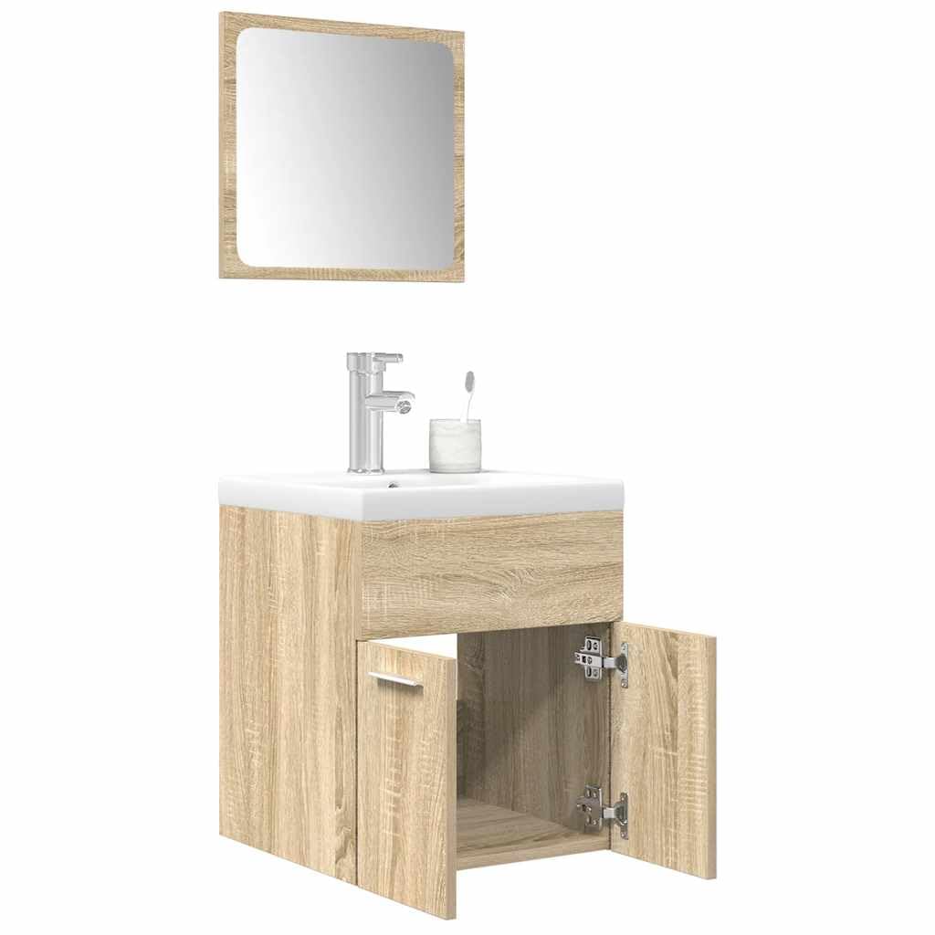 Ensemble de meubles de salle de bain 3 pièces en chêne Sonoma avec lavabo, armoire à miroir, armoire haute pour salle de bain