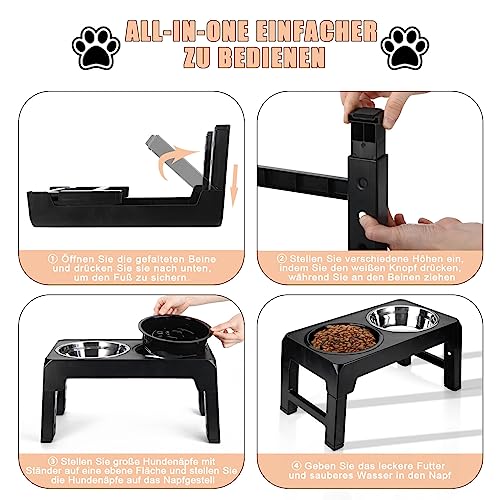 Hundenapf Höhenverstellbar, 4 Höhenverstellbare Erhöhte Hundenäpfe mit 2 Edelstahl-Hundenäpfen und 1 Slow-Food-Hundenapf,Futterstation Hund für Großen Mittelgroßen Kleinen Hunde