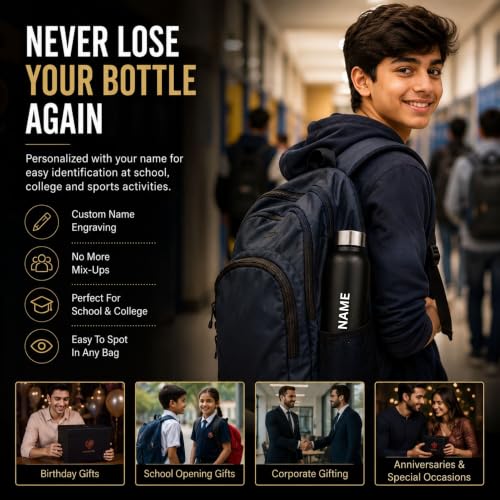 Image of Courage Personalised Stainless Steel Water Bottle 1 Litre | Custom Name Engraved Bottle | Leak-Proof, BPA-Free, Rust-Resistant | Stylish Gift for Kids, Women & Men | Office, School & Gym Use (Black)