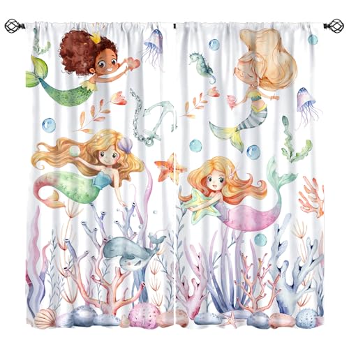 Cartoon Mermaid Curtains, Ocean Mermaid Underwater Sea Animals Blackout Window Treatments, Rod Pocket Thermal Insulated Drapes 2 Panel Sets for Kids Girls Bedroom Nursery Classroom, 42