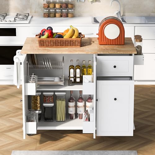 Kitchen-Island-with-Drop-Leaf-Storage-Rack-539-Width-Rolling-Kitchen-Cart-on-Wheels-WInternal-Storage-Rack-and-3-Tier-Pull-Out-CabinetSpice-Rack-for-Dining-RoomHome-BarWhite Kitchen Island with Drop Leaf Storage Rack 539 Width Rolling Kitchen Cart on Wheels WInternal Storage Rack and 3 Tier Pull Out CabinetSpice Rack for Dining RoomHome BarWhite