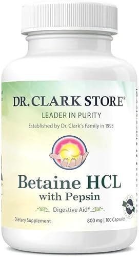 Dr. Clark - Suplemento de betaína HCL con pepsina, 800 mg, 100 cápsulas de gelatina