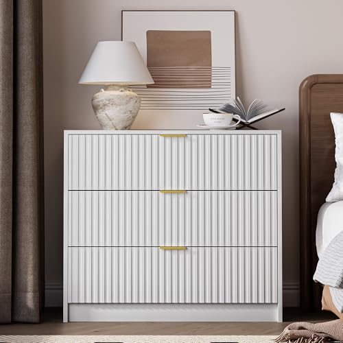 Image of MAISONARIA White Fluted Dresser for Bedroom, 32 Inch Wide Nightstand with Large Drawer, 3 Drawer End Table for Bedroom, Living Rooms, Offices, and Entryways