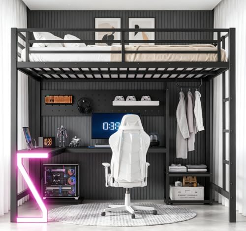 Image of Bellemave Queen Size Loft Bed with Desk and USB Ports, Computer Tray, Peg Board LED, Metal Full Loft Bed Frame for Adults, Kids, Teens, Black