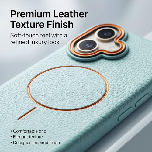 Image of amazon basics Luxury MagSafe Compatible Leather Texture Back Cover for iPhone 17 | Raised Camera Protection | Slim Fit Shockproof Case with Metallic Accents (Light Blue)