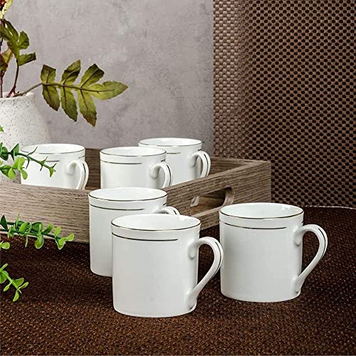 Image of SONAKI Bone China Tea Cups /Coffee Mugs with Real Gold Line (White) -140 ml -Set of 6 Mugs (SMI-S-H001-GL)