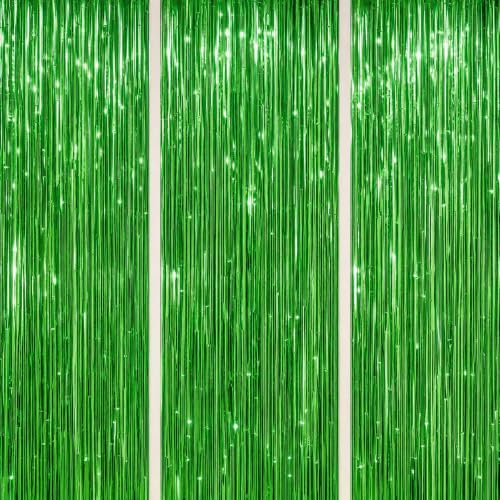 Image of DECOCKRAT 3 Pack Foil Fringe Backdrop - Green Shiny Tinsel Curtains for Party Decoration /Photo Booth Props - 3.3x8.2 FT Metallic Foil Backdrop for Birthday, Wedding, Graduation, Christmas.