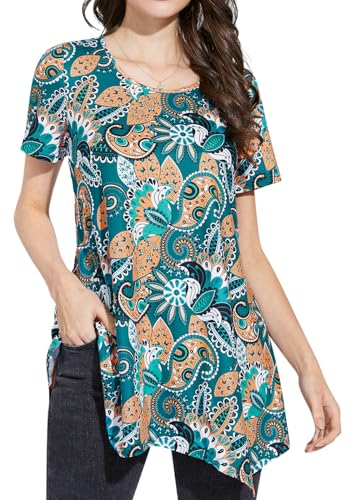 Enmain Tunika Damen Kurzarm Große Größen Sommer Paisley Bluse T-Shirt Elegante Longbluse Longshirt Oberteile Tops Lässig für Leggings Grün L