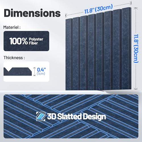Image of 20 Pack Sound Proof Foam Panels for Walls, Acoustic Panels Self-Adhesive | 12 inch X 12 inch X 0.4 inch Slatted Soundproof Wall Panel, High Density Sound Absorbing Panel for Gaming Recording Studio Decor-Blue