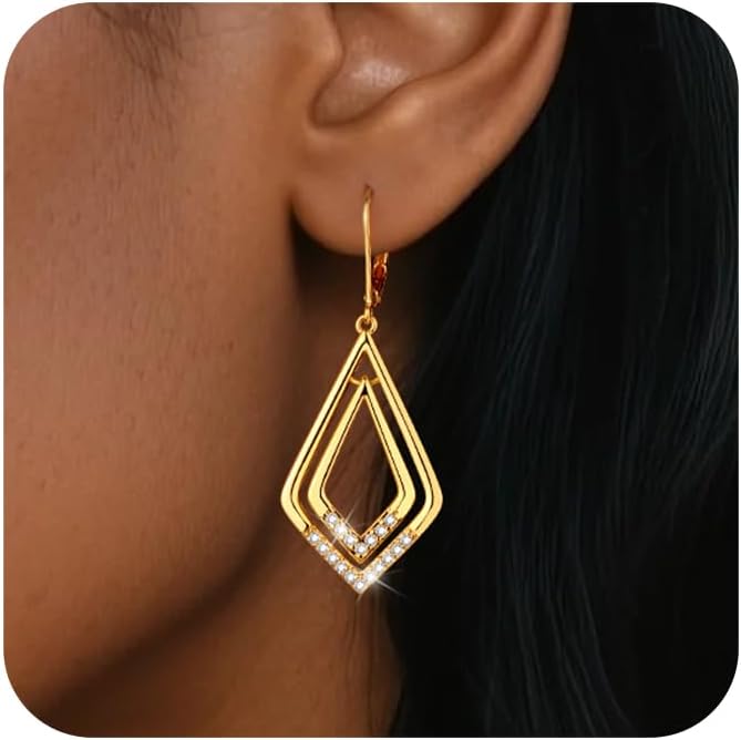 925 Sterling Silver Dangle Earrings for Women 14K Gold Plated Geometric Cubic Zirconia Dangle leverback Earrings Hypoallergenic Lightweight Dangling V Earring for Women Trendy Jewelry Gifts - Image 7