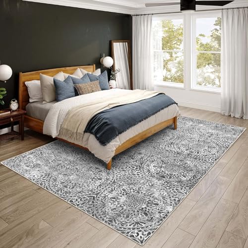 vivorug 8x10 Area Rugs for Living Room, Non-Slip Backing Washable Grey Rug 8x10, Large Area Rug Soft Carpet for Bedroom Dining Room, Vintage, Easy Clean, Durable, Low Pile Rug Under Table