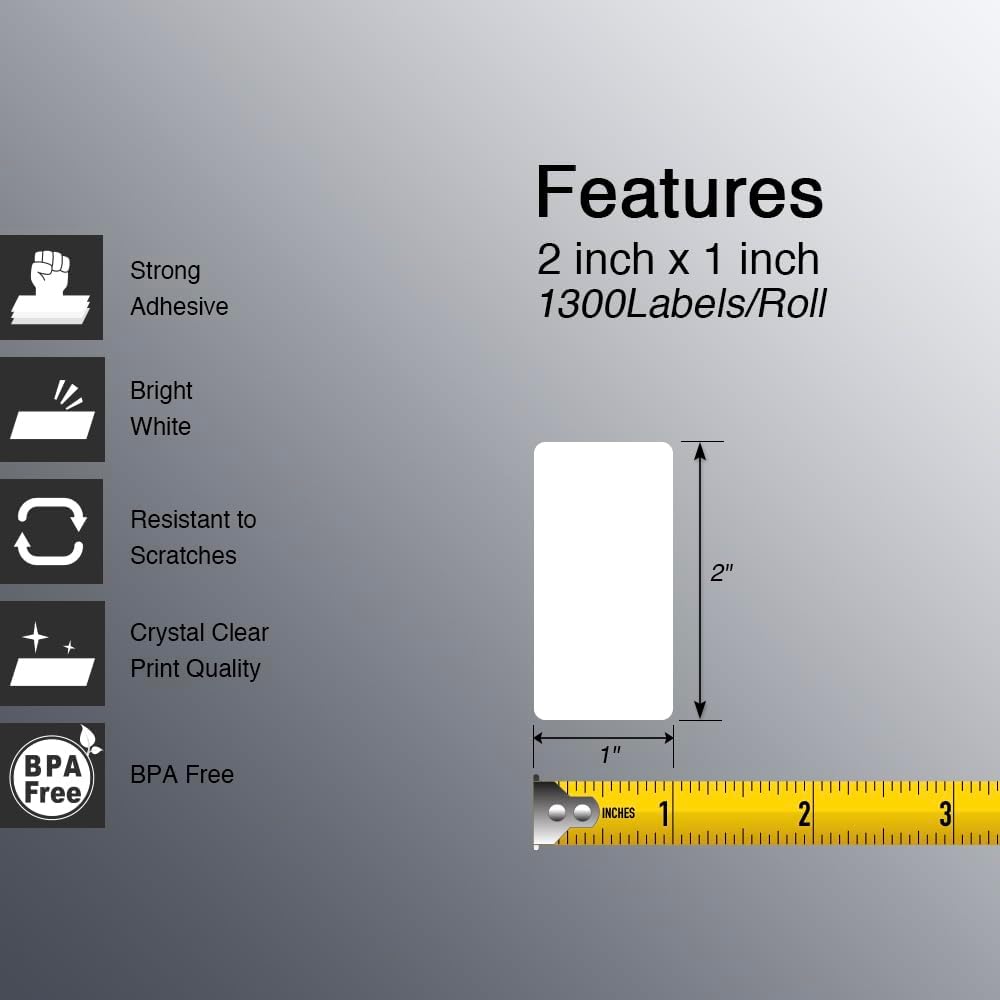 BETCKEY - 2" x 1" (51 mm x 25 mm) UPC Barcode & Address Labels Compatible with Zebra & Rollo Label Printer,Premium Adhesive & Perforated [16 Rolls, 20800 Labels] - Image 2