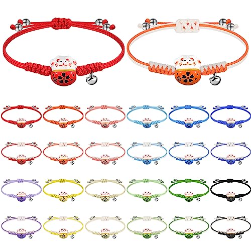 Kigeli 24 Pcs Lucky Cat Bracelets Cute Maneki Neko Adjustable Fortune String Feng Shui Bracelet Ceramic Lucky Cat with Bell for Women