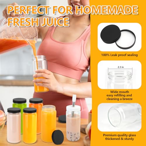 Image of Zukro Glass Juice Bottles with Lids 16 oz| 12 Pack Wide Mouth Leak Proof Clear Reusable Drinking Jar Container With 3 Straws For Juicing, Smoothie, Water, Bubble Tea| BPA-Free & Airtight|