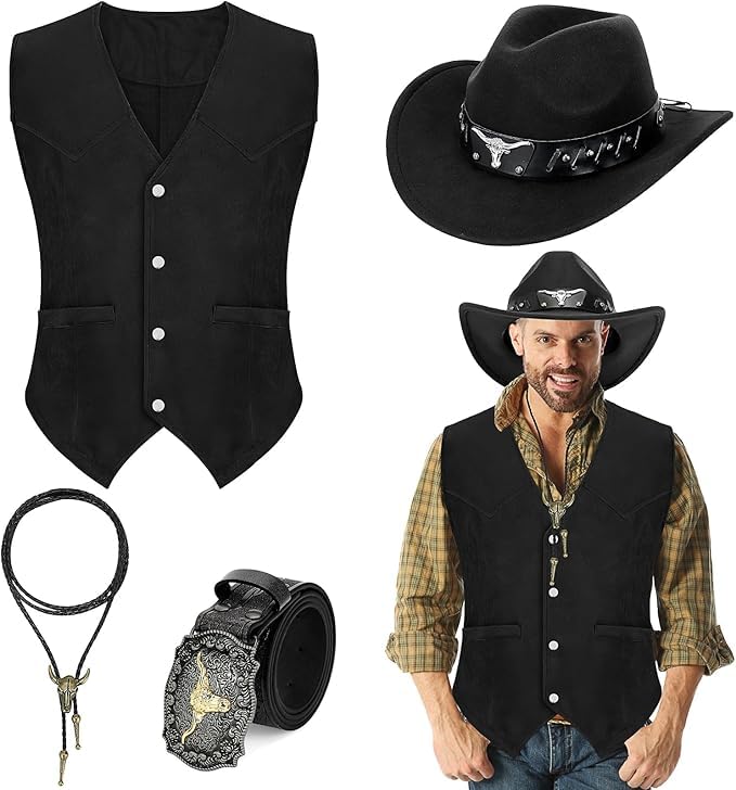 HFZCV 4Pcs Cowboy Outfits for Men Western,Cowboy Costume Suede Leather Vest Hat Necktie Buckle Belt for Halloween (Black, M)