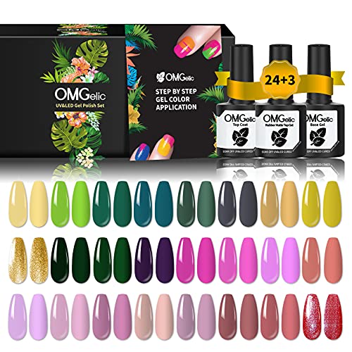 OMGelic 24 Colors Gel Nail Polish Set with Base, Glossy & Matte Top Coat 27 Pcs Soak Off Nail Gel Polish Kit, Classic Milk Pink Yellow Cyan Nail Gel Polish Set UV LED Gel Polish Starter Kit