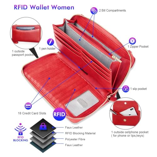 Image of nuoku RFID Blocking Wristlet Wallet for Women, Zip-Around Crossbody Clutch with 2 Removable Straps, Red