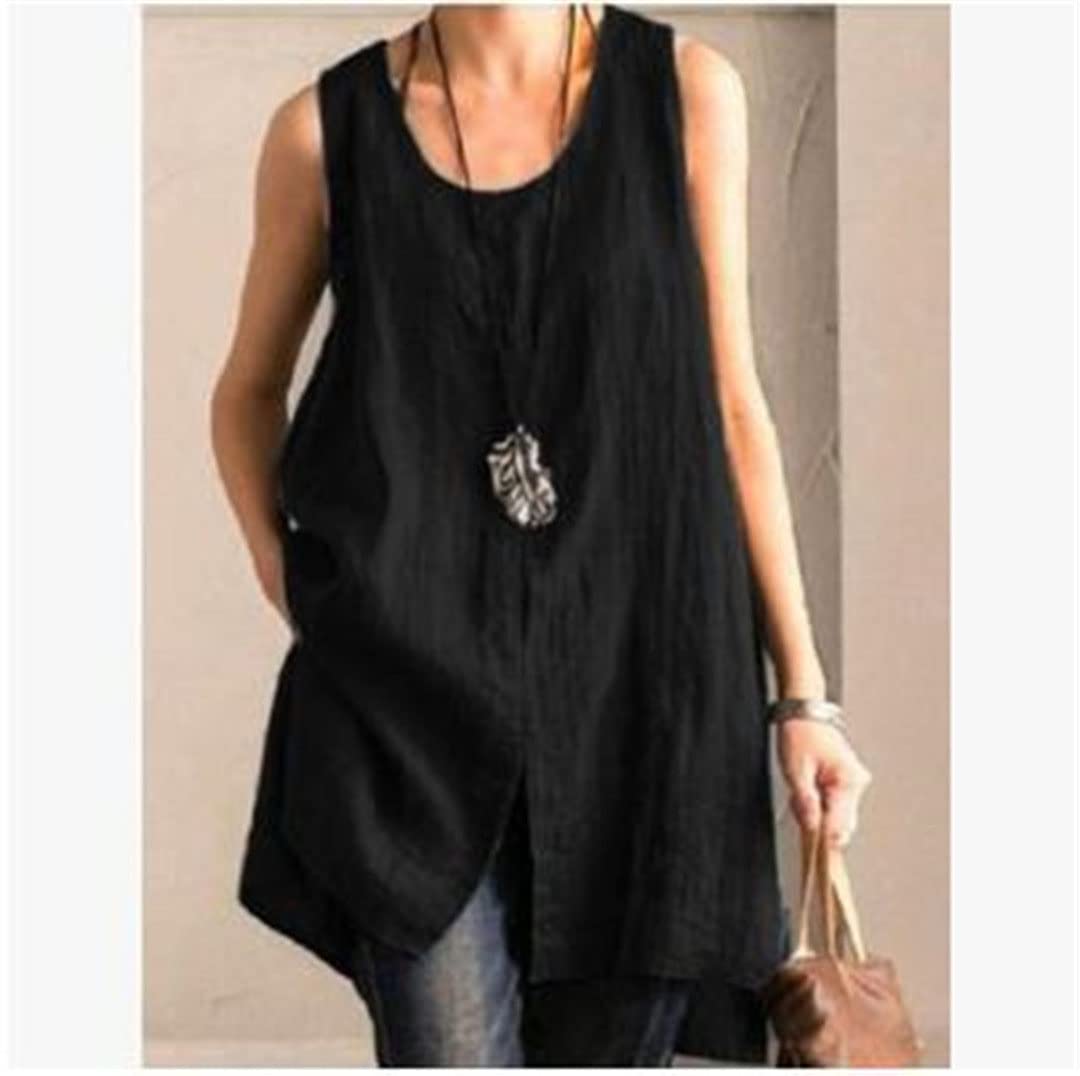 Lmtossey Camicia da donna in cotone e lino, stile vintage, per feste primaverili ed estive, senza maniche, con spacco