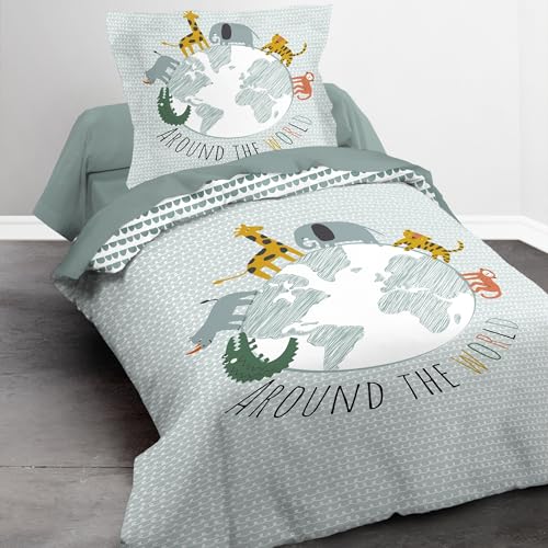 Kinderbettwäsche Set 2-teilig mit Tieren und Erdball - Decke 135x200 +...