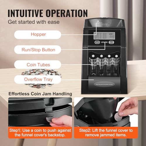 VEVOR USD Coin Sorter, Coin Counter Machine for ¢1 ¢5 ¢10 ¢25 Coins, LCD Screen Display, Coin Sorter and Wrapper Machine with Thicker Coin Tubes and Tray, Holds up to 200 Coins by VEVOR - Image 4
