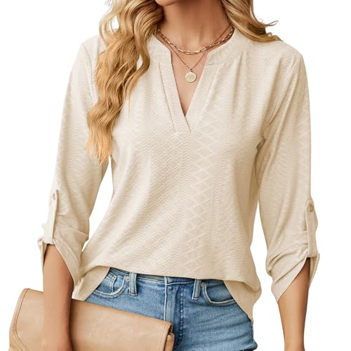 HANERDUN Blusas de Mujer Elegantes Camisa Manga Larga 3/4 Ropa Elegante Cuello en V Primavera