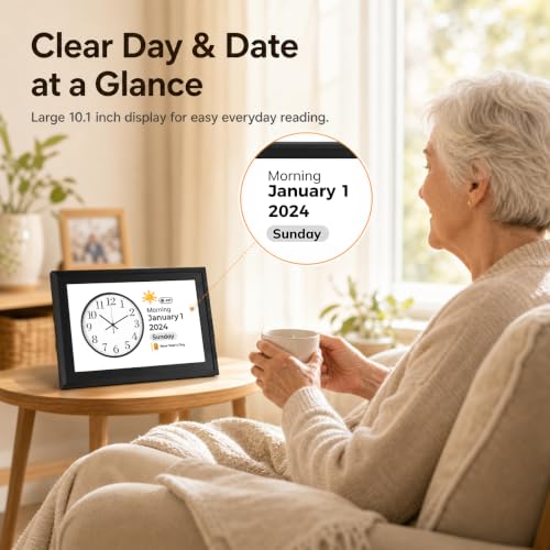 Touchscreen Digital Calendar Day Clock for Seniors 10.1 Inch, Voice Alarm | Medication Reminder | WiFi Accurate Time, Customizable Gift for Elderly or Dementia Alzheimers - Black - Image 5