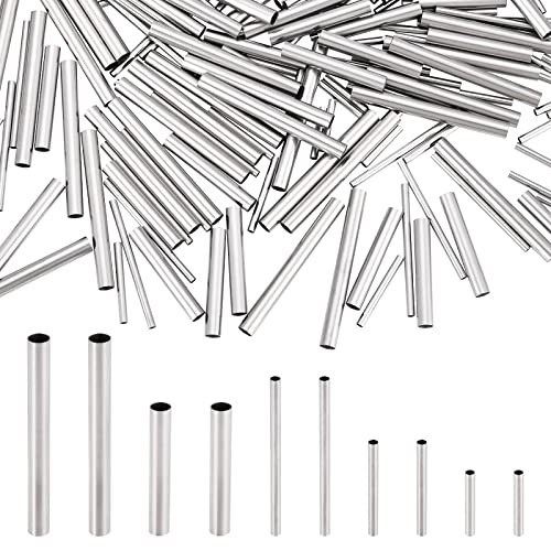 DICOSMETIC 200pcs 5 Sizes Metal Long Tube Beads 10mm/15mm/20mm/25mm/30mm Noodles Beads Stainless Steel Straight Tube Spacer Beads for Jewelry Making, Hole: 1-2.5mm