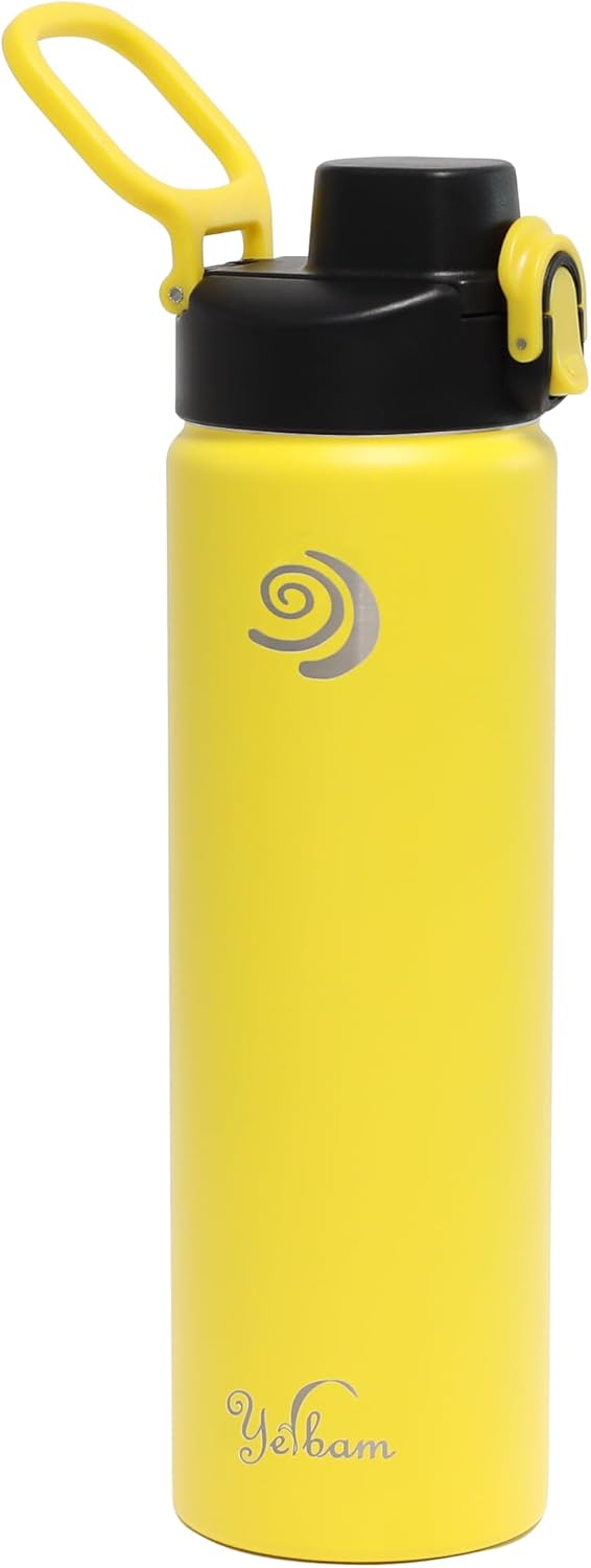 21oz Stainless Steel Insulated Water Bottle One-Touch Open Chug Lid Wide Mouth Direct Drink Dishwasher Safe Leakproof Sweat-Free BPA-Free (Naples Yellow)