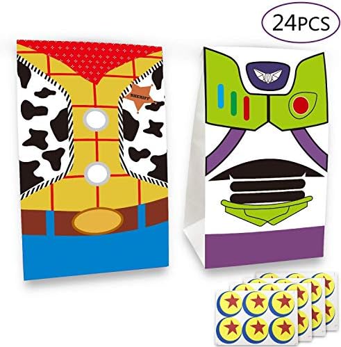 YNOUU 24 pcs Toy Inspired Story Birthday Party Supplies Favor Goodie Gift Bags, Including Woody and Buzz Lightyear 2 Patterns for Kids Birthday Party Decorations