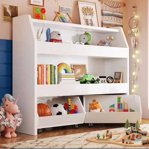COZPAW Toy Storage Organizer with Movable Drawers, Toys Organizer Bookshelf for Toddlers, Toys Cabinet Chest, Bookcase Storage Bins for Kids Room Bedroom Living Room Nursery, 3 Tier Cold White
