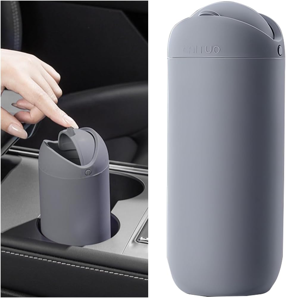 Car Trash Can with Lid, Silicone Leakproof Mini Round Vehicle Garbage Bin for Cup Holder, Portable Automotive Interior Waste Storage & Organizers Accessories, Universal Fit (Purple)