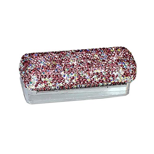 Lipstick Bling Rhinestone Crystal Case Storage Organizer Box with Mirror for Women's Lipstick Holder-Cosmetic Storage Kit (Pink)