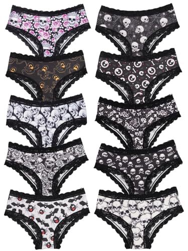 Morvia 10pcs Womens Gothic Contrast Lace Halloween Skull & Rose Print Hipster Panties Assorted Styles Multicolor 1 XL