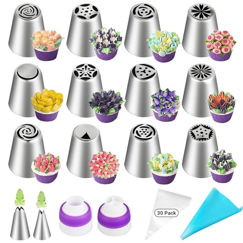 Qacpahucy Boquillas Manga Pastelera 47 Piezas - Rusas Boquilla de Acero Inoxidable - Manga Pastelera Silicona - Incluye 30 Mangas Pasteleras Desechables - Kit Repostería para Decorar Tartas
